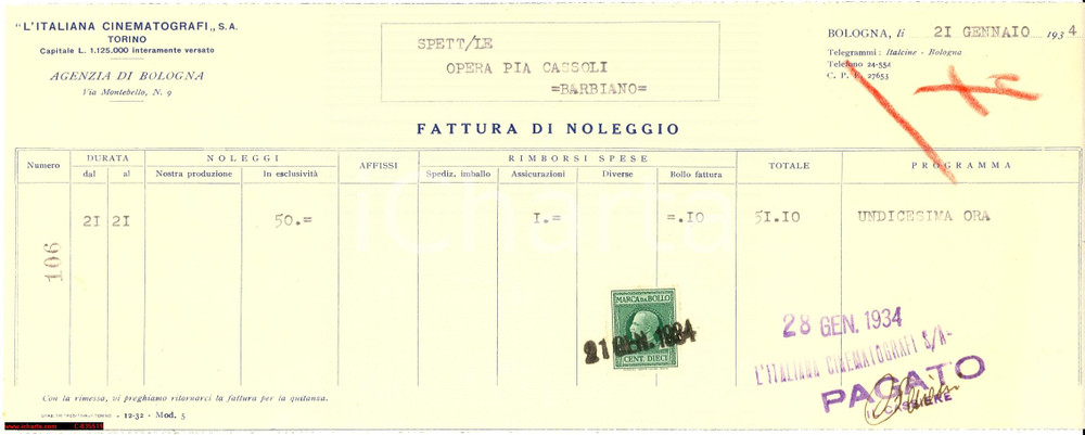 Manoscritto, lettera originale 1934 L ITALIANA CINEMATOGRAFI S.A. Noleggio BARBIANO 1