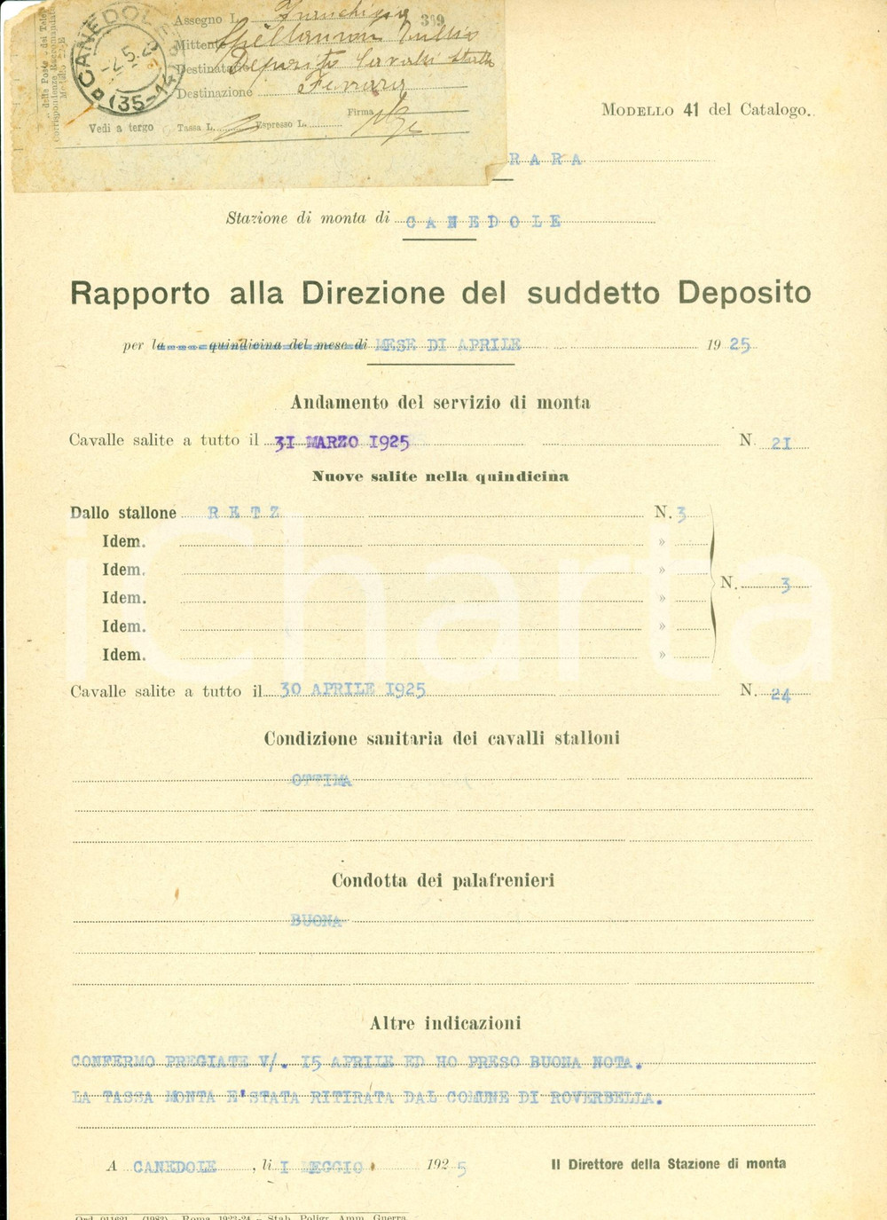 Documento originale, autentico 1925 ROVERBELLA (MN) Rapporto stazione monta CANEDOLE *Documento 1