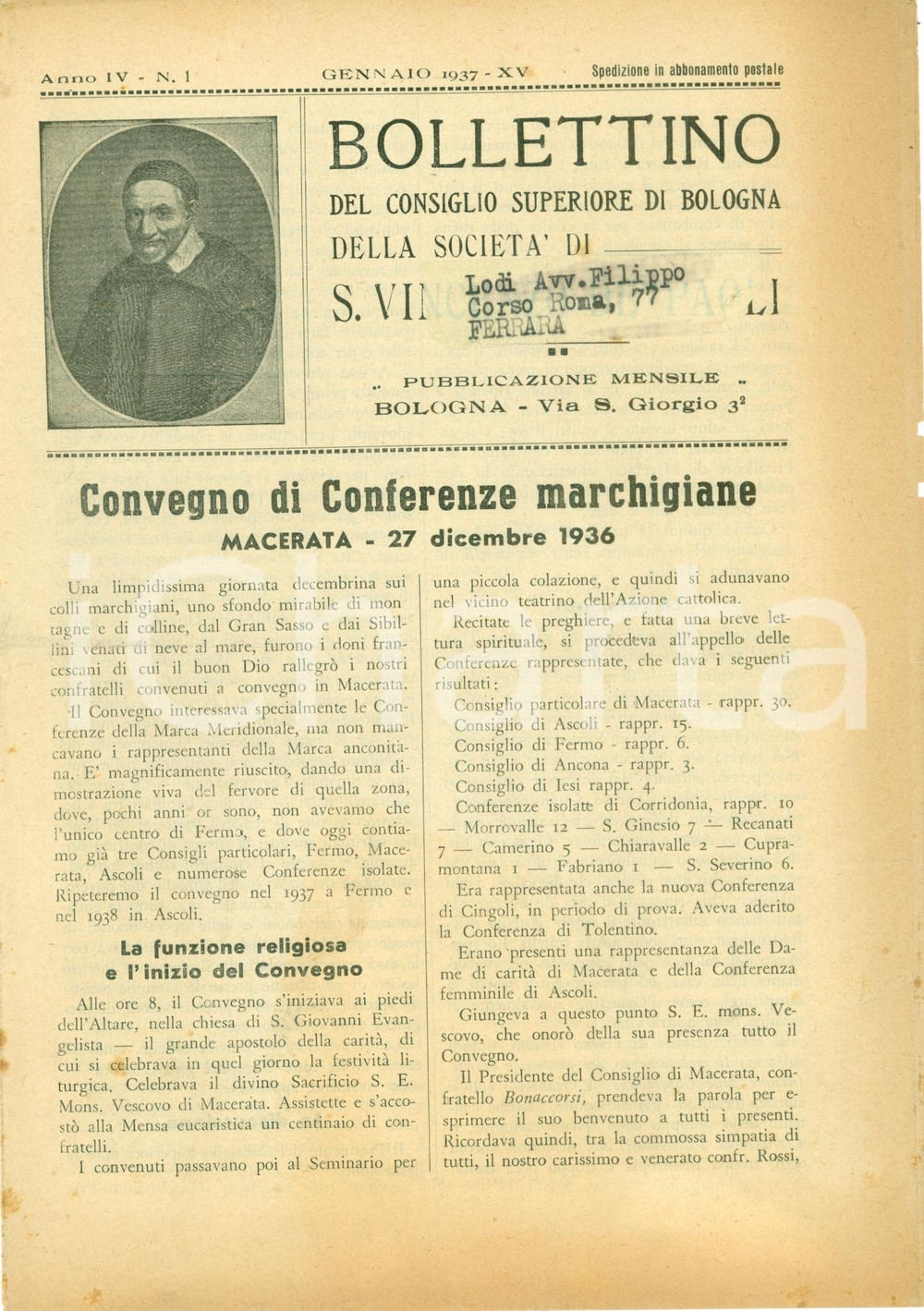 Giornale, rivista storica 1937 BOLOGNA Società San Vincenzo DE PAOLI Conferenze marchigiane Bollettino 1