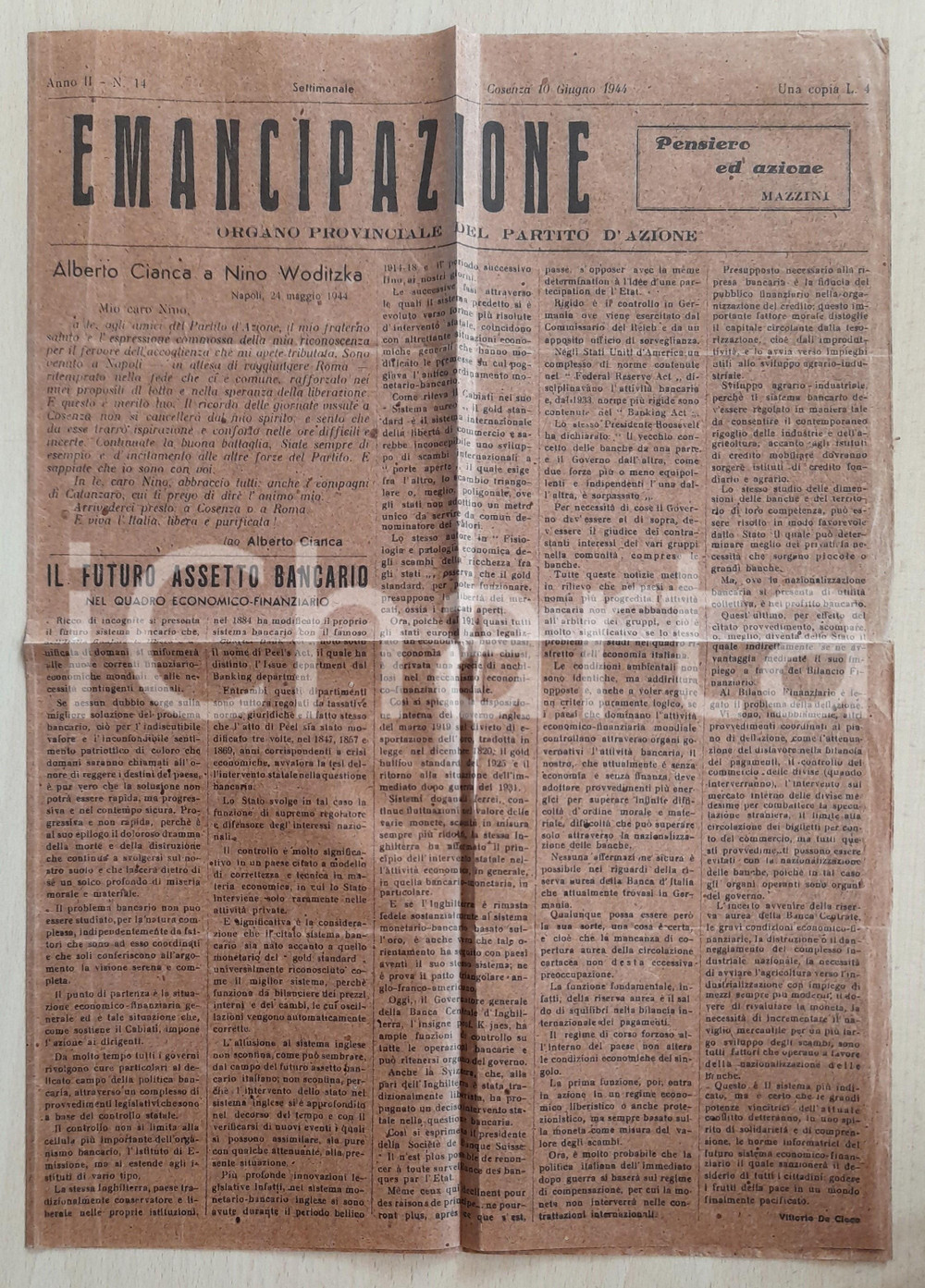 Giornale, rivista storica 1944 COSENZA Partito d Azione Vincitori della guerra decideranno futuro banche 1