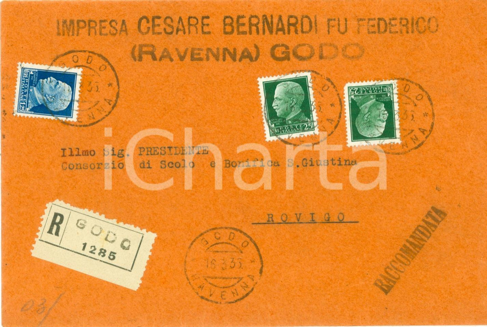 Documento originale, autentico 1935 STORIA POSTALE RUSSI (RA) Frazione GODO Impresa Cesare BERNARDI Busta 1