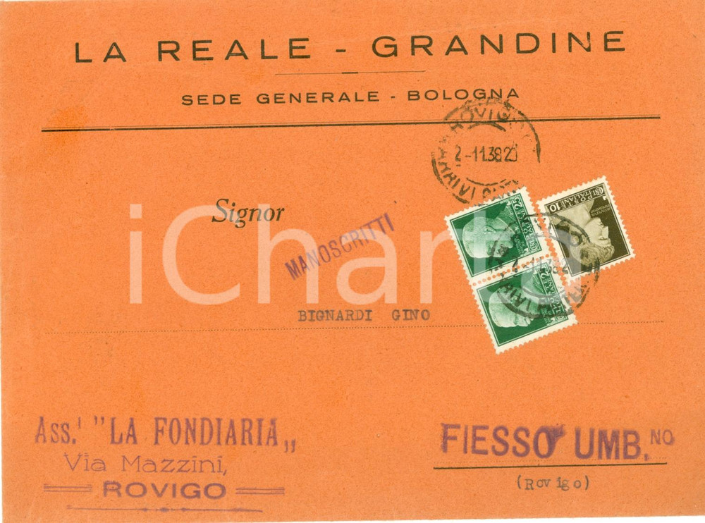 Documento originale, autentico 1938 BOLOGNA Assicurazioni LA REALE  GRANDINE Busta intestata 1