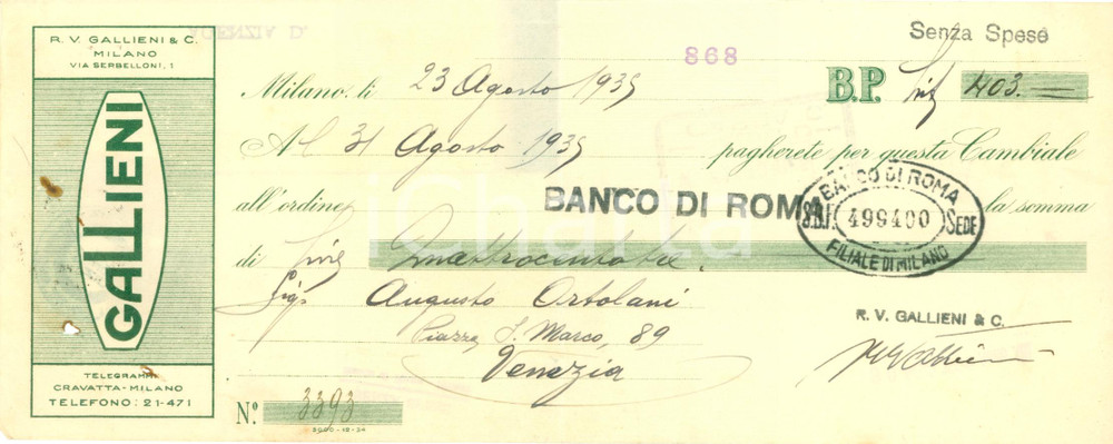 Oggetto da collezione cartaceo 1935 MILANO Cravatteria GALLIENI via SERBELLONI Cambiale pubblicitaria 1