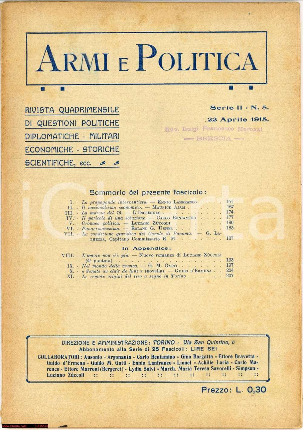 Giornale, rivista storica WW1 1915 ARMI E POLITICA rivista quadrimestrale 1