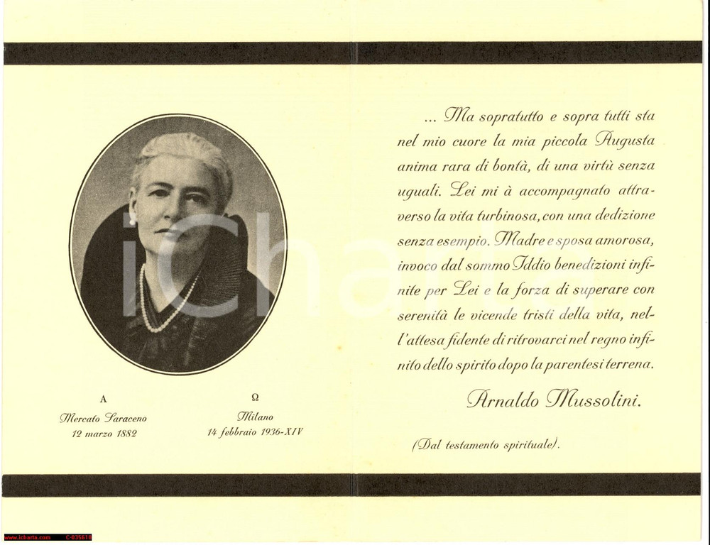 Documento originale, autentico 1936 In morte di AUGUSTA MUSSOLINI BONDANINI Buglietto necrologio autentico 1