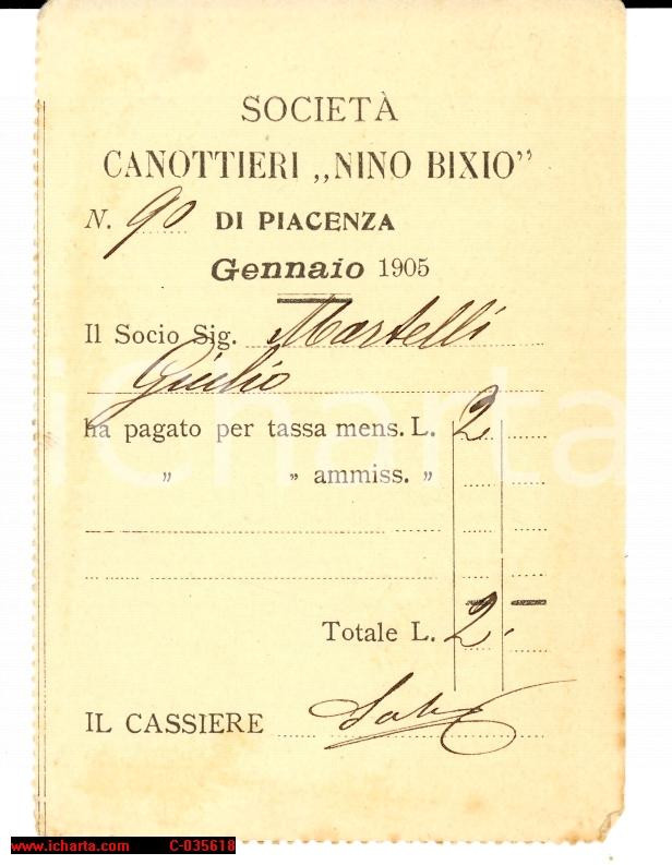 Oggetto da collezione cartaceo 1905 CANOTTIERI NINO BIXIO PIACENZA Tassa mensile 1