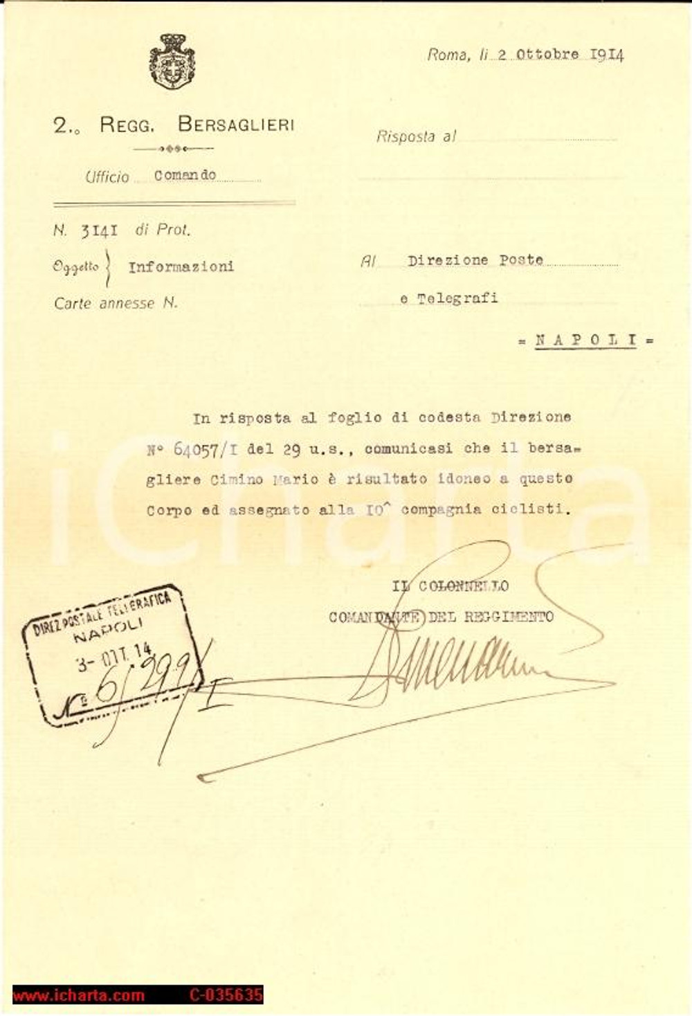Documento originale, autentico 1914 SECONDO REGGIMENTO BERSAGLIERI idoneitÃ  1