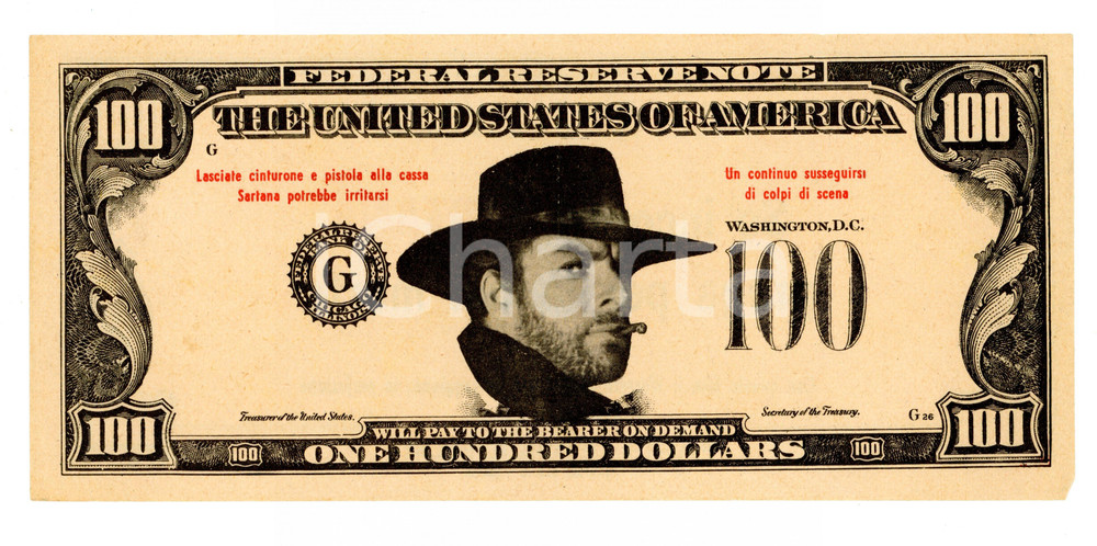 Materiale pubblicitario d’epoca 1968 SARTANA Falsa banconota pubblicitaria $100 1
