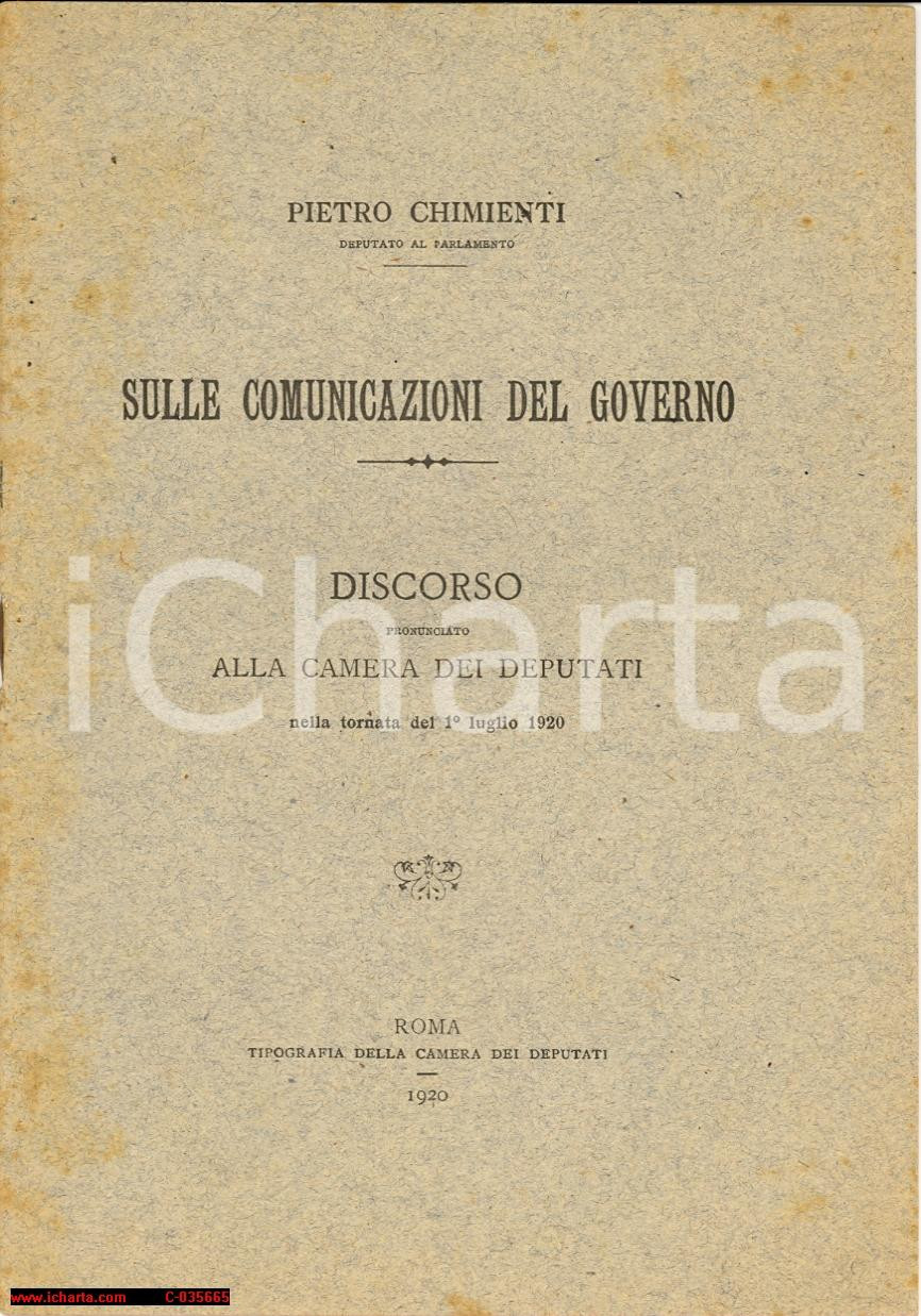Libro, pubblicazione d epoca 1920 PIETRO CHIMENTI Discorso sulle comunicazionI del Governo 1