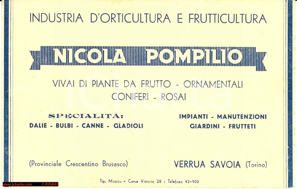 Oggetto da collezione cartaceo 1940 ca VERRUA SAVOIA Vivai Nicola Pompilio biglietto 1