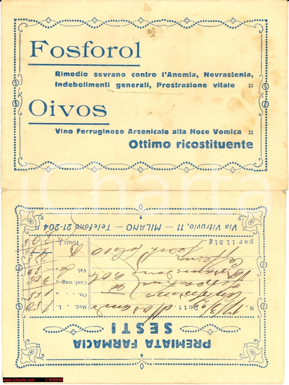 Materiale pubblicitario d’epoca 1929 MILANO FARMACIA SESTI Via Vitruvio 11  Busta intestata 1
