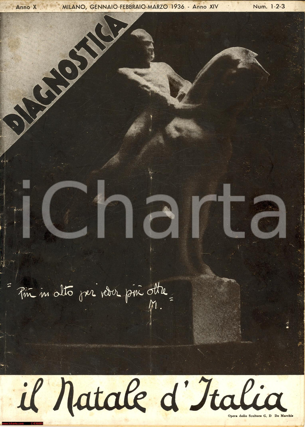 Documento originale, autentico 1936 MILANO -  DIAGNOSTICA - Battaglia Demografica - Natale d'Italia *Rivista 1