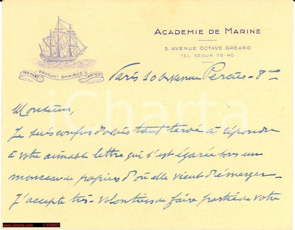 Manoscritto, lettera originale 1925 Paris, AcadÃ©mie de Marine, biglietto diniego 1
