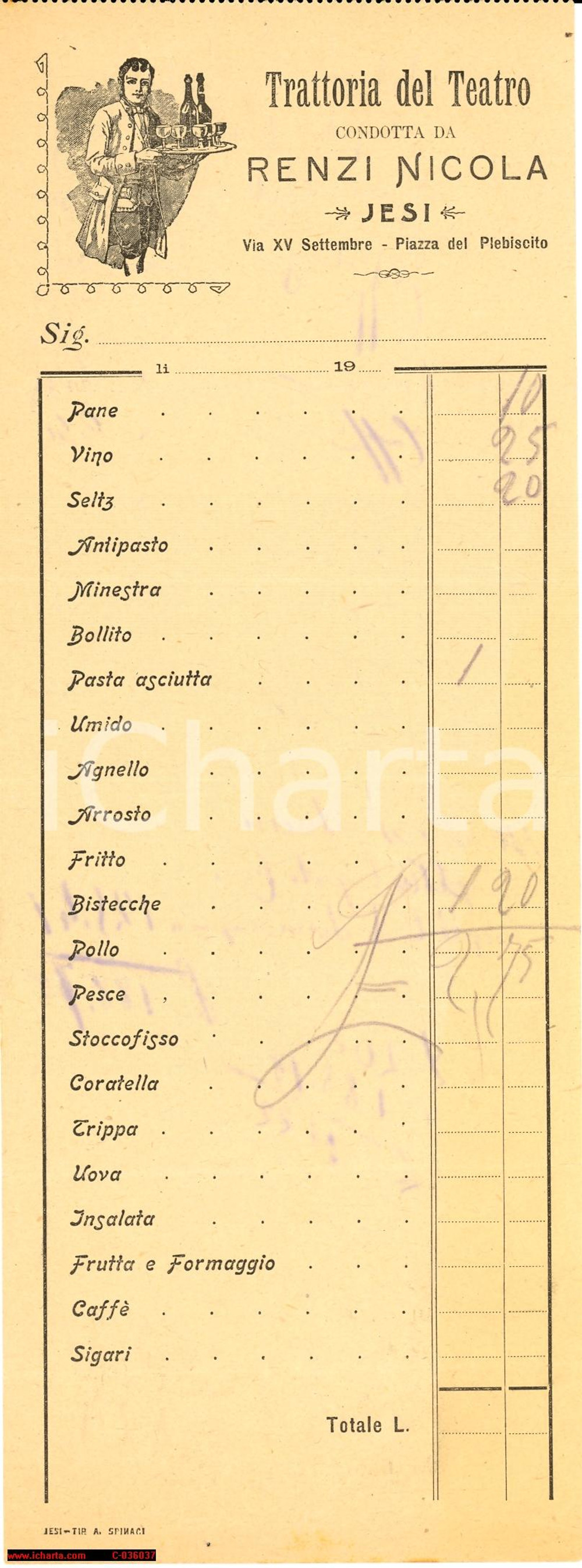 Oggetto da collezione cartaceo 1914 Jesi, Ricevuta Trattoria Teatro *Nicola Renzi 1