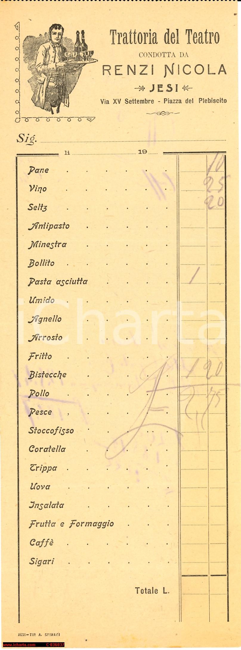 Oggetto da collezione cartaceo 1914 Jesi, Ricevuta Trattoria Teatro Nicola Renzi 1