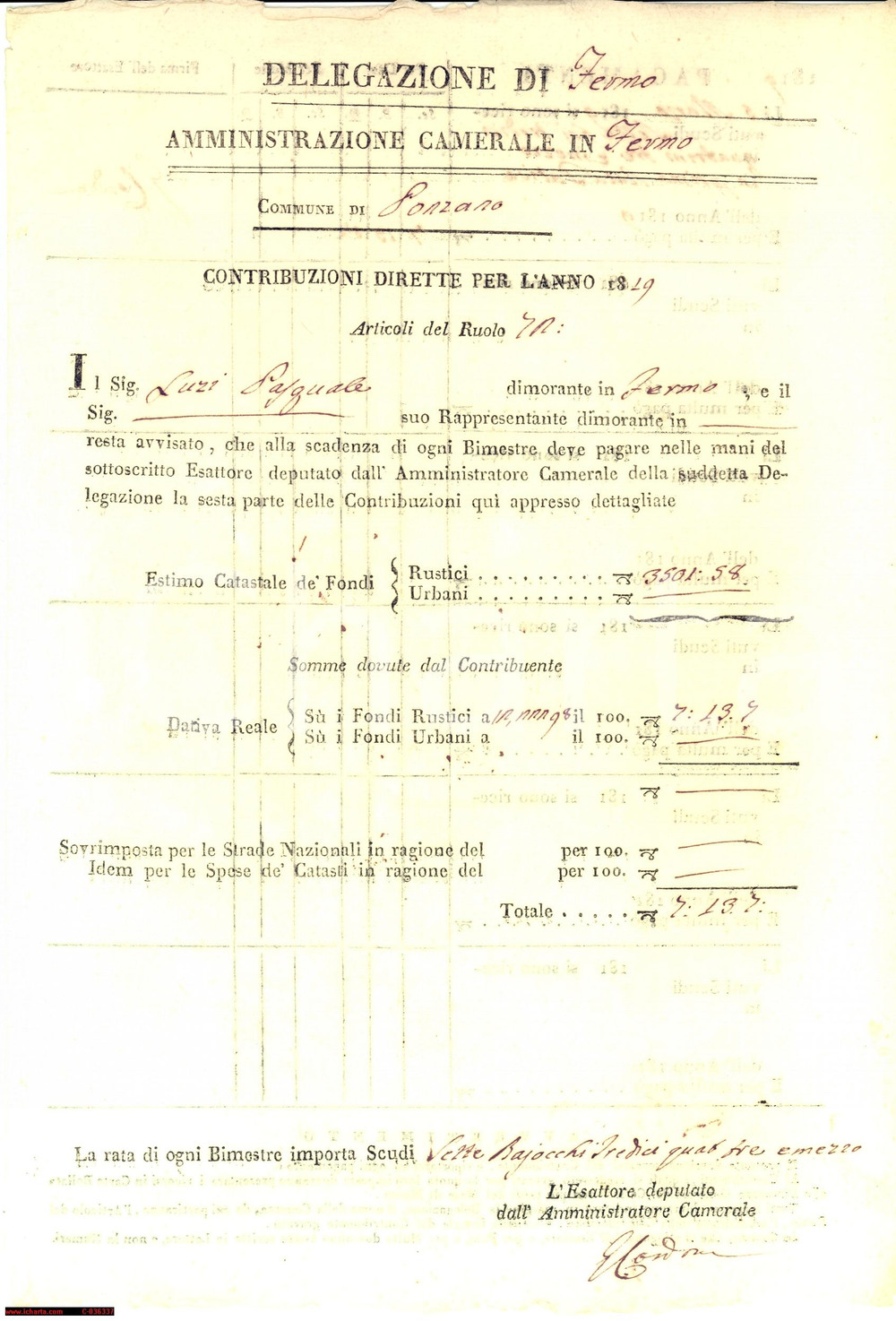 Documento originale, autentico 1819 PONZANO DI FERMO (FM) poderi rurali Pasquale LUZI 1