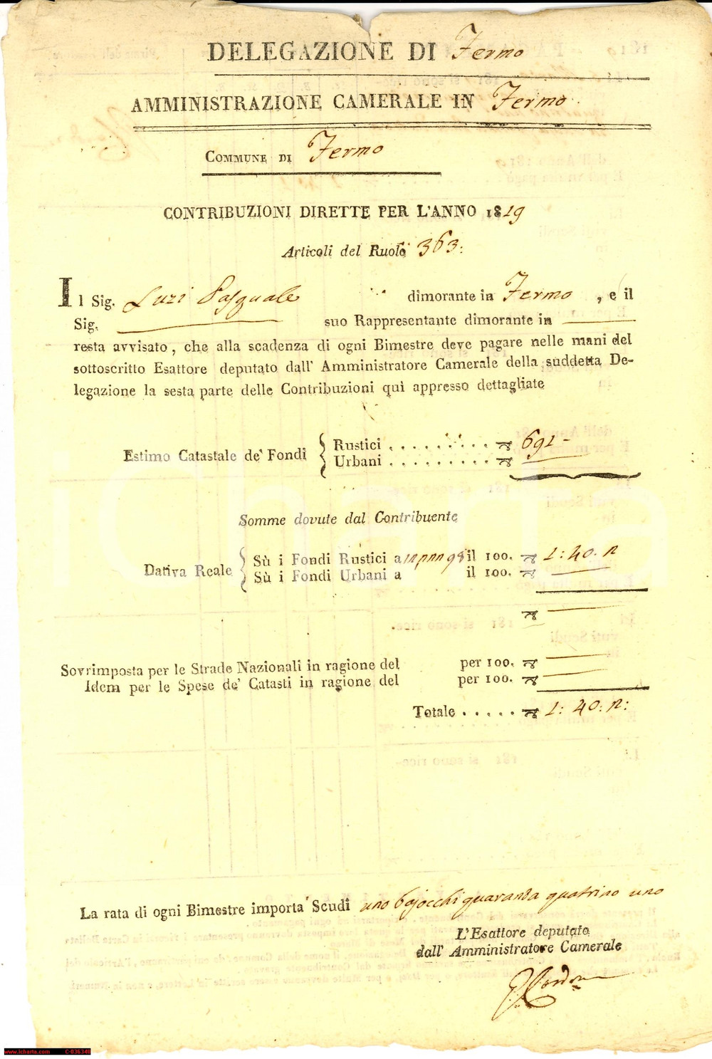 Documento originale, autentico 1819 FERMO Quaranta baiocchi da Pasquale LUZI per i fondi rustici *Documento 1