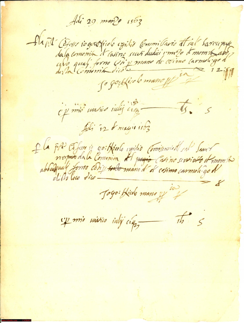 Documento originale, autentico 1563 POGGIO CATINO (RI) NicolÃ² EGIDIO Commissario Sale riceve scudi *Documento 1