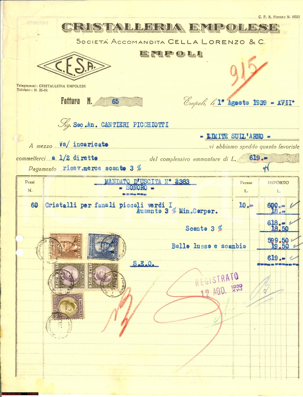 Documento originale, autentico 1939 EMPOLI (FI) CESA Cristalli per CANTIERI PICCHIOTTI 1