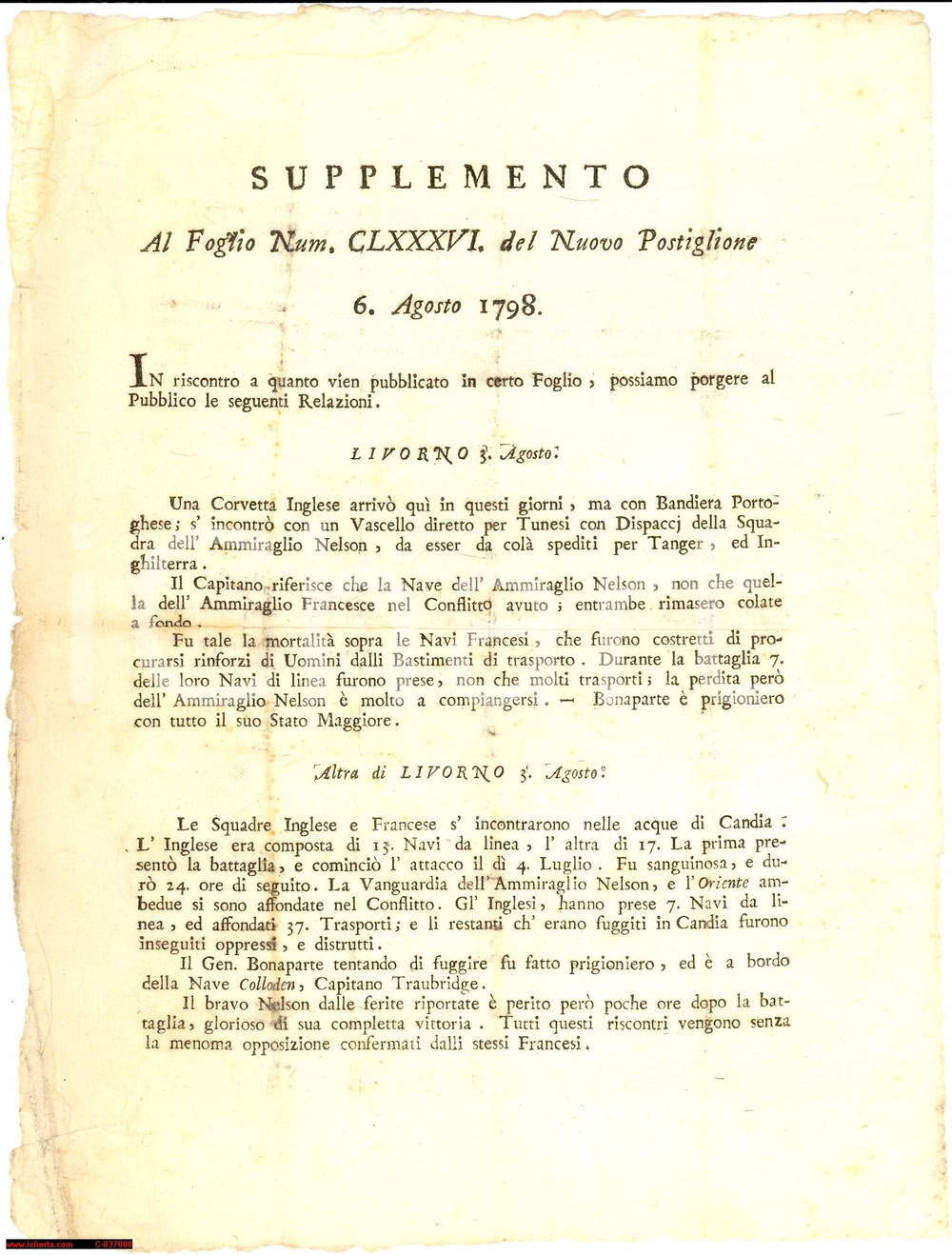 Documento originale, autentico 1798 Horatio NELSON morto ad Abukir  FALSO STORICO  RARO 1