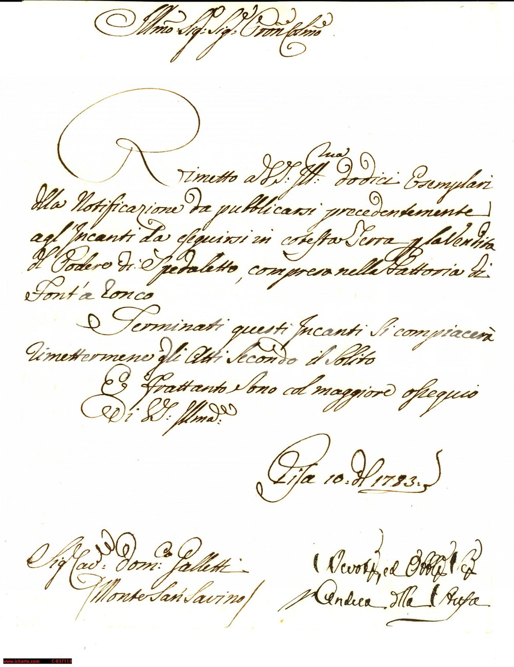 Manoscritto, lettera originale 1783 Incanto beni FONTE AL RONCO - lettera 1