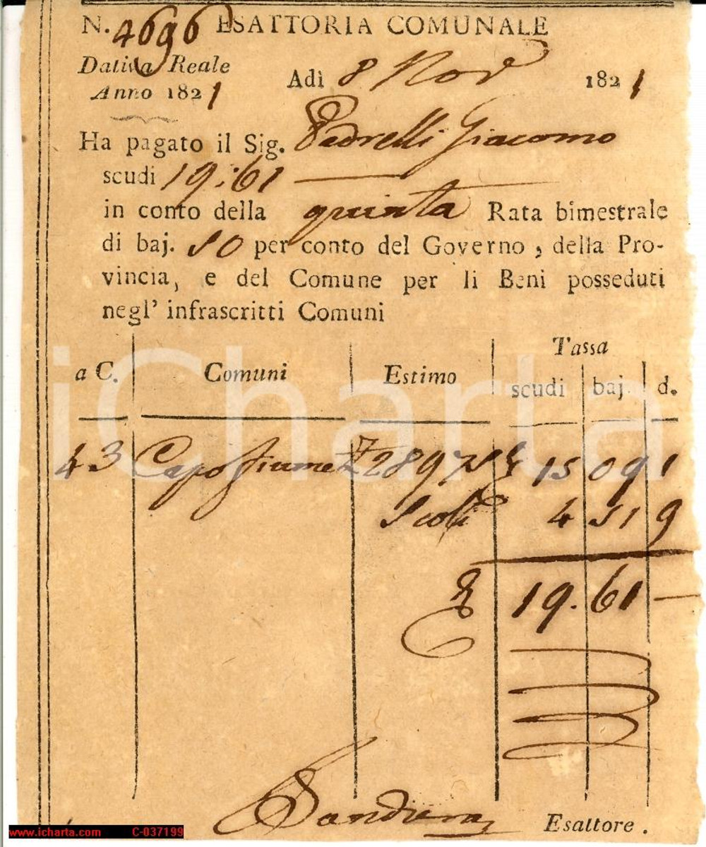 Documento originale, autentico 1821 SAN PIETRO CAPOFIUME (BO) Beni Giacomo PEDRELLI 1