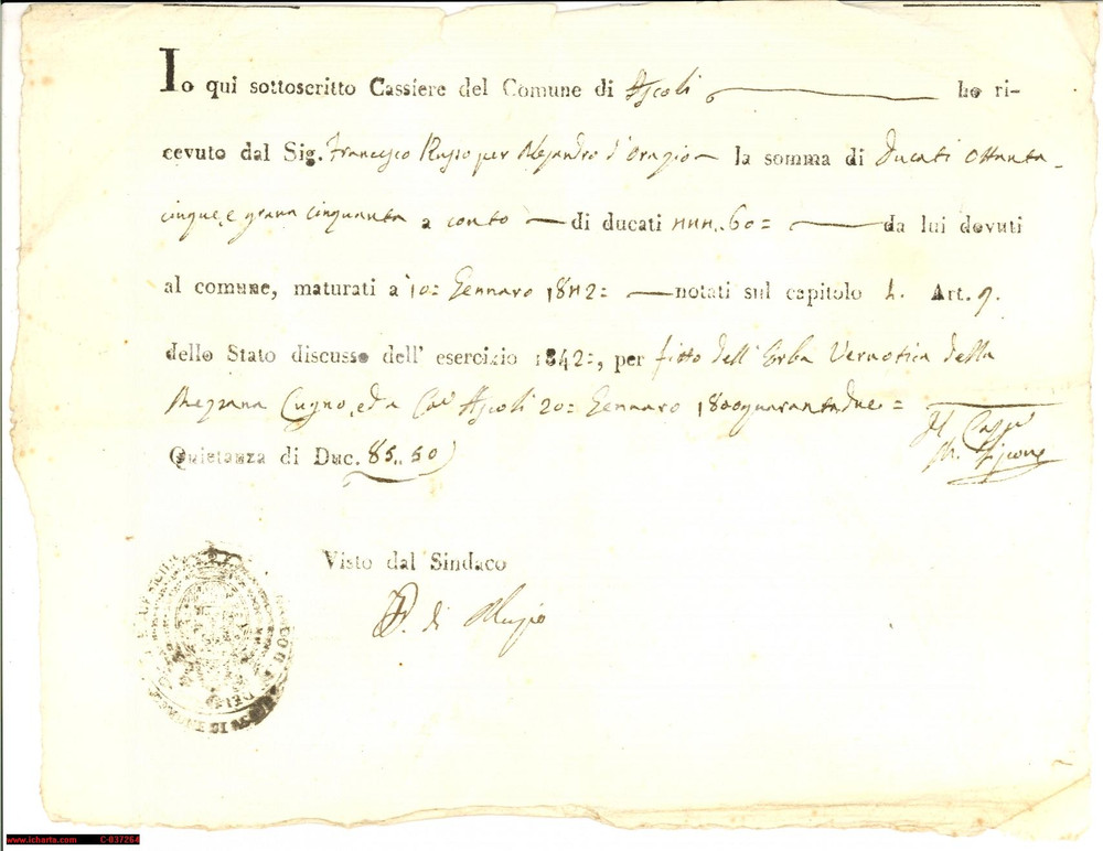 Documento originale, autentico 1862 ASCOLI SATRIANO (FG) Fitto dell'erba vernotica 1