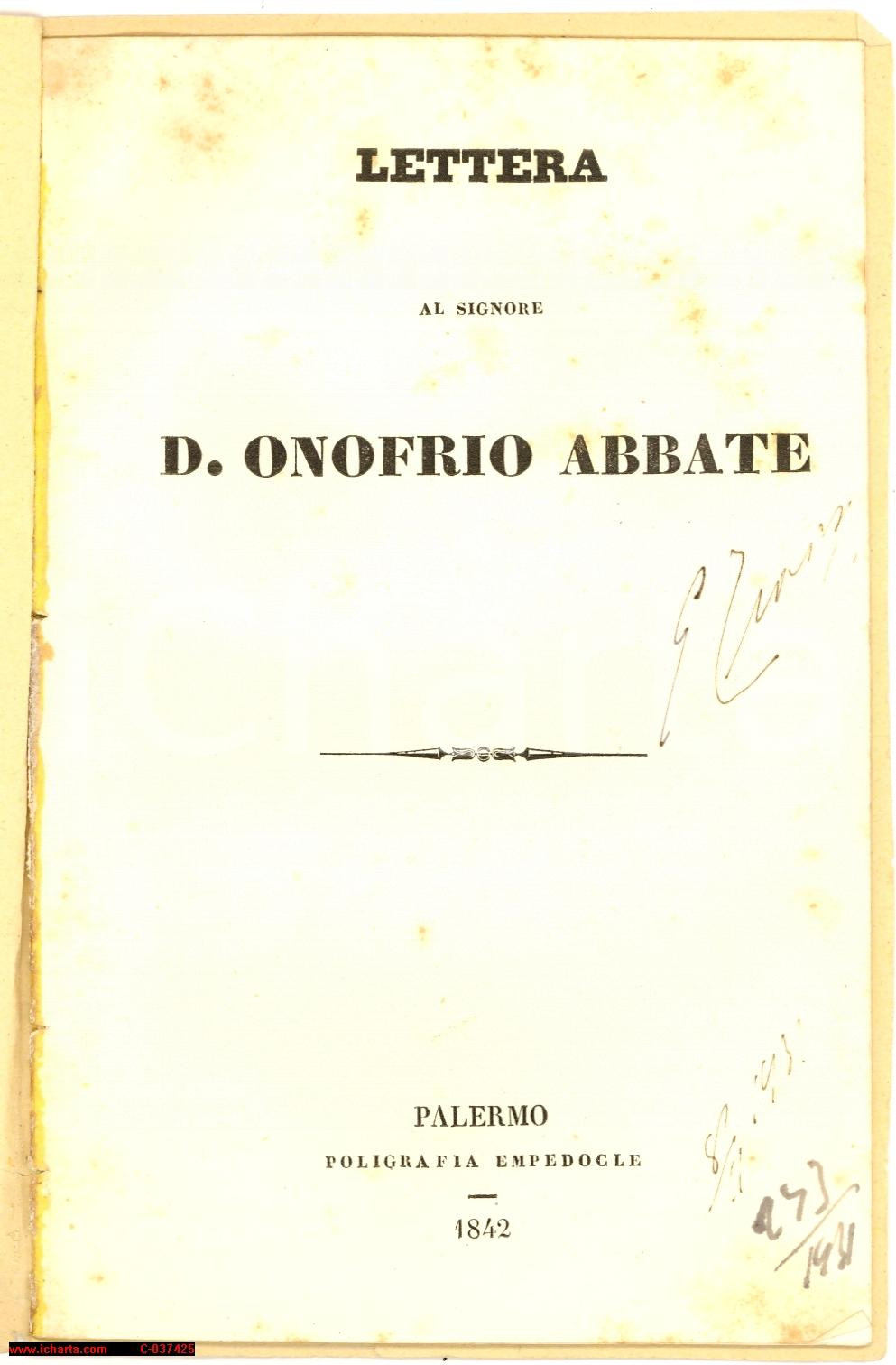 Libro, pubblicazione d epoca 1842 Francesco VENTURELLI Lettera a D. ONOFRIO Abate 1