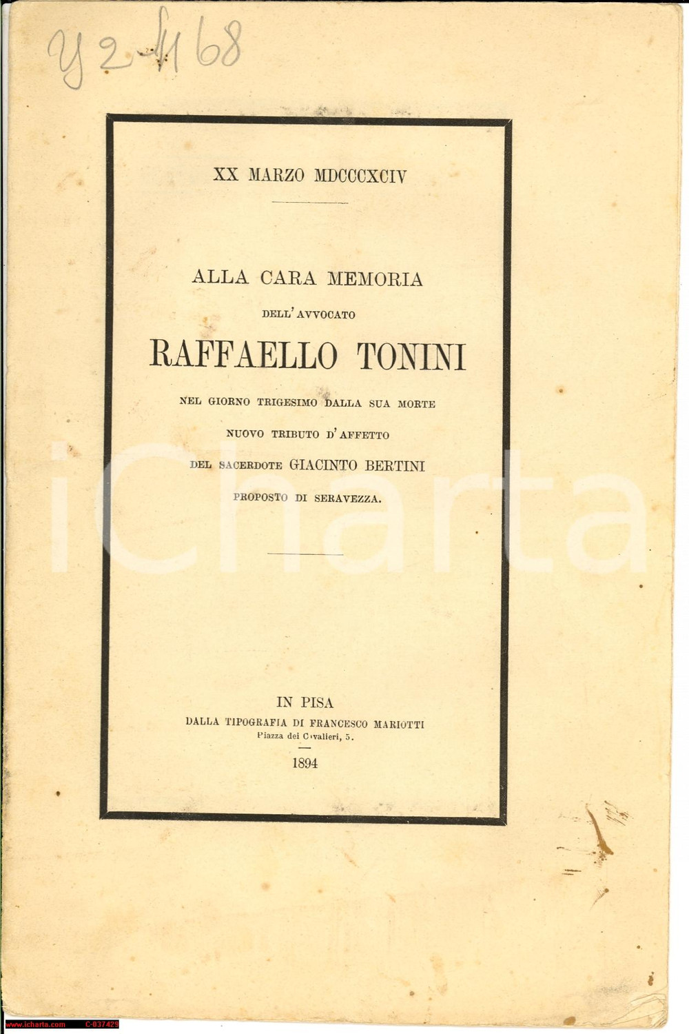 Libro, pubblicazione d epoca 1894 SERAVEZZA LU In memoria dell avvocato Raffaello TONINI Opuscolo 1