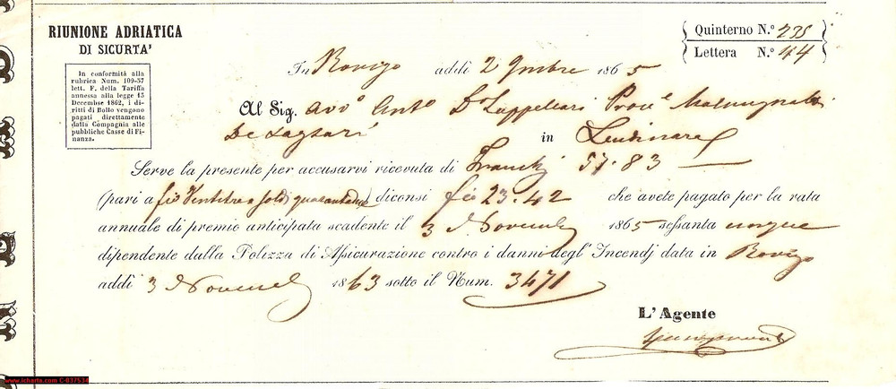 Documento originale, autentico 1865 LENDINARA (RO) Polizza incendi Antonio ZOPPELLARI 1