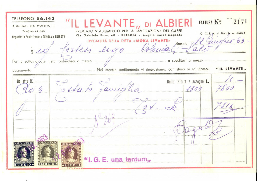 Documento originale, autentico 1963 BRESCIA IL LEVANTE di ALBIERI Lavorazione del caffÃ¨ - Fattura con bolli 1