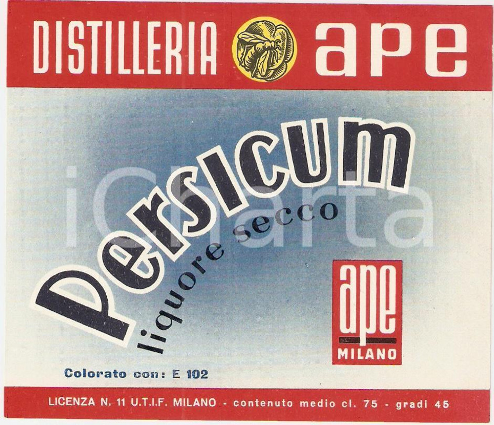 Materiale pubblicitario d’epoca 1970 ca MILANO Distilleria APE Liquore secco PERSICUM Etichetta 1