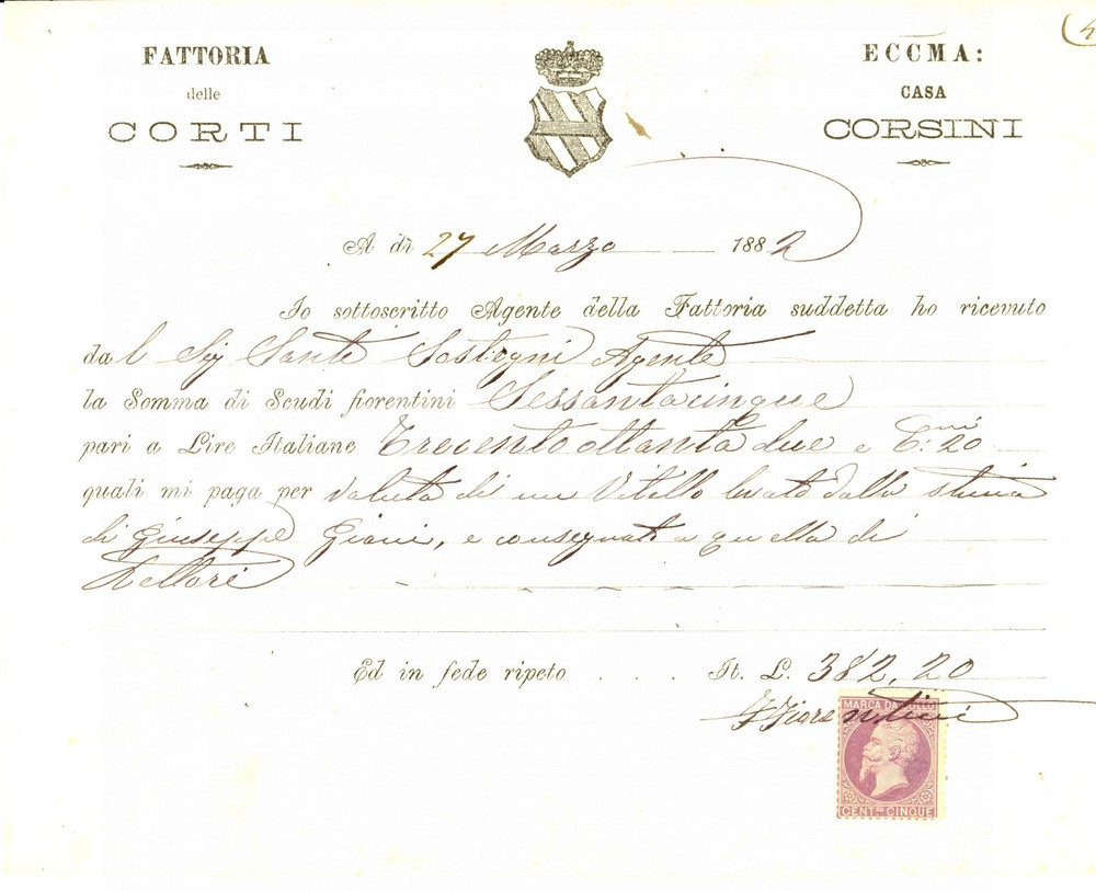 Documento originale, autentico 1882 SAN CASCIANO VAL DI PESA Fattoria principi CORSINI 1