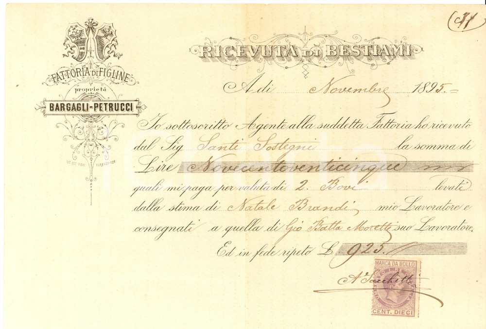 Documento originale, autentico 1895 FIGLINE VALDARNO FI Fattoria BARGAGLI PETRUCCI Ricevuta vendita bestiame 1