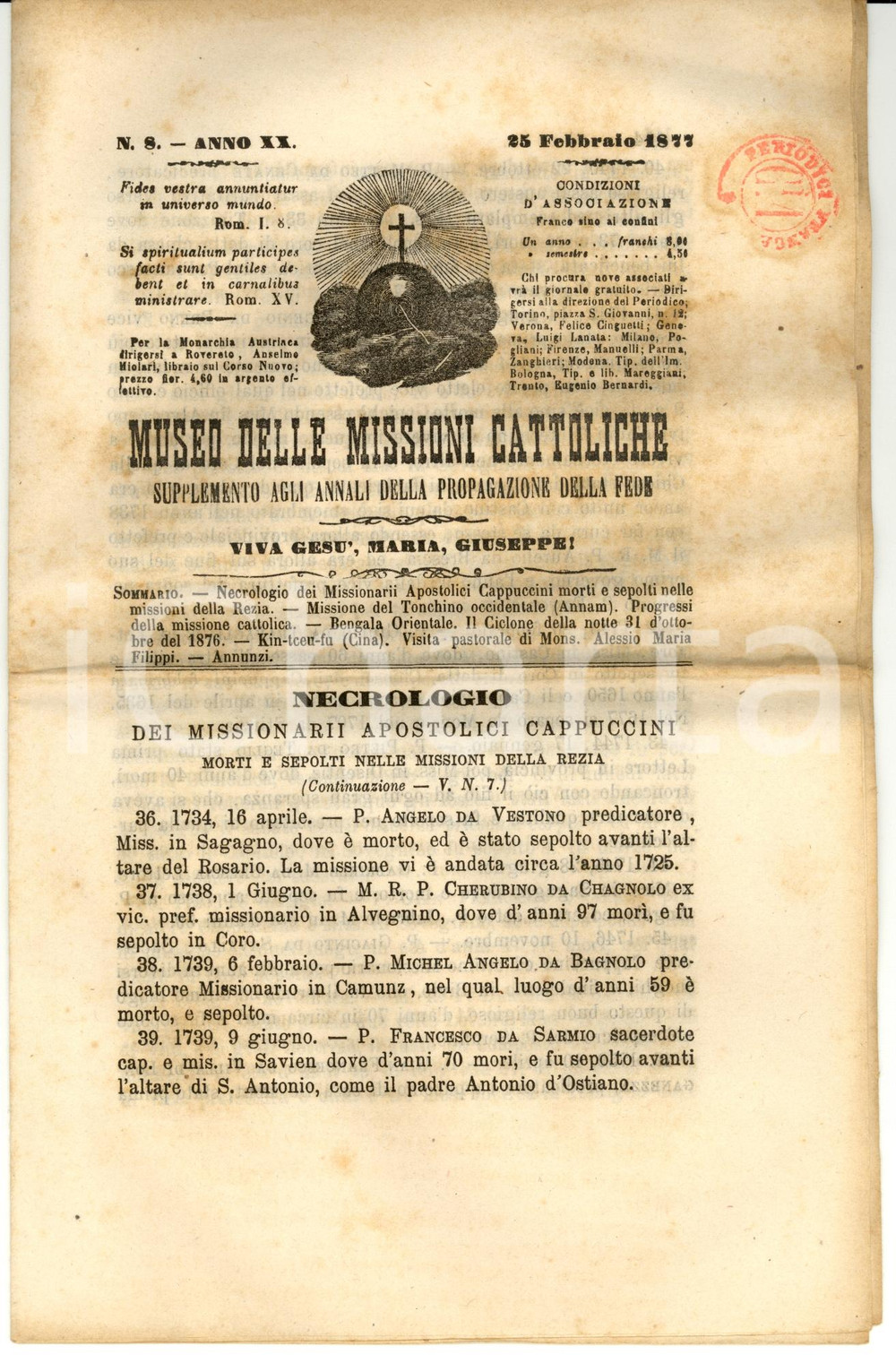 Giornale, rivista storica 1877 TORINO Museo delle MISSIONI CATTOLICHE Anno XX nÂ° 8 Periodico 1
