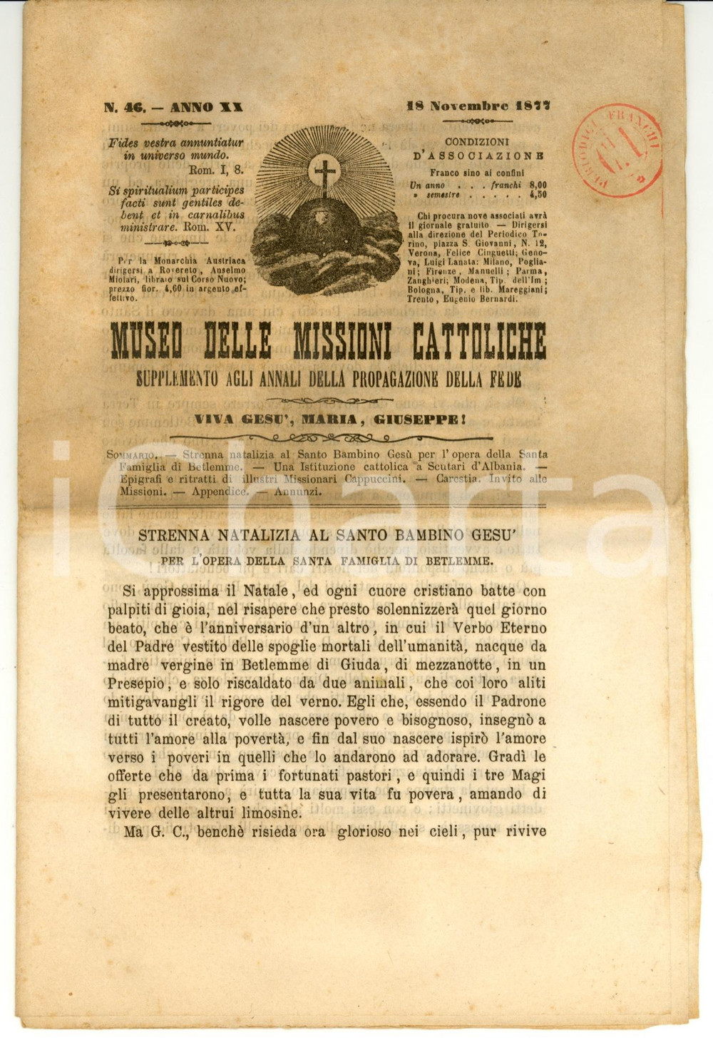 Giornale, rivista storica 1877 TORINO Museo delle MISSIONI CATTOLICHE Anno XX n° 46 Periodico 1