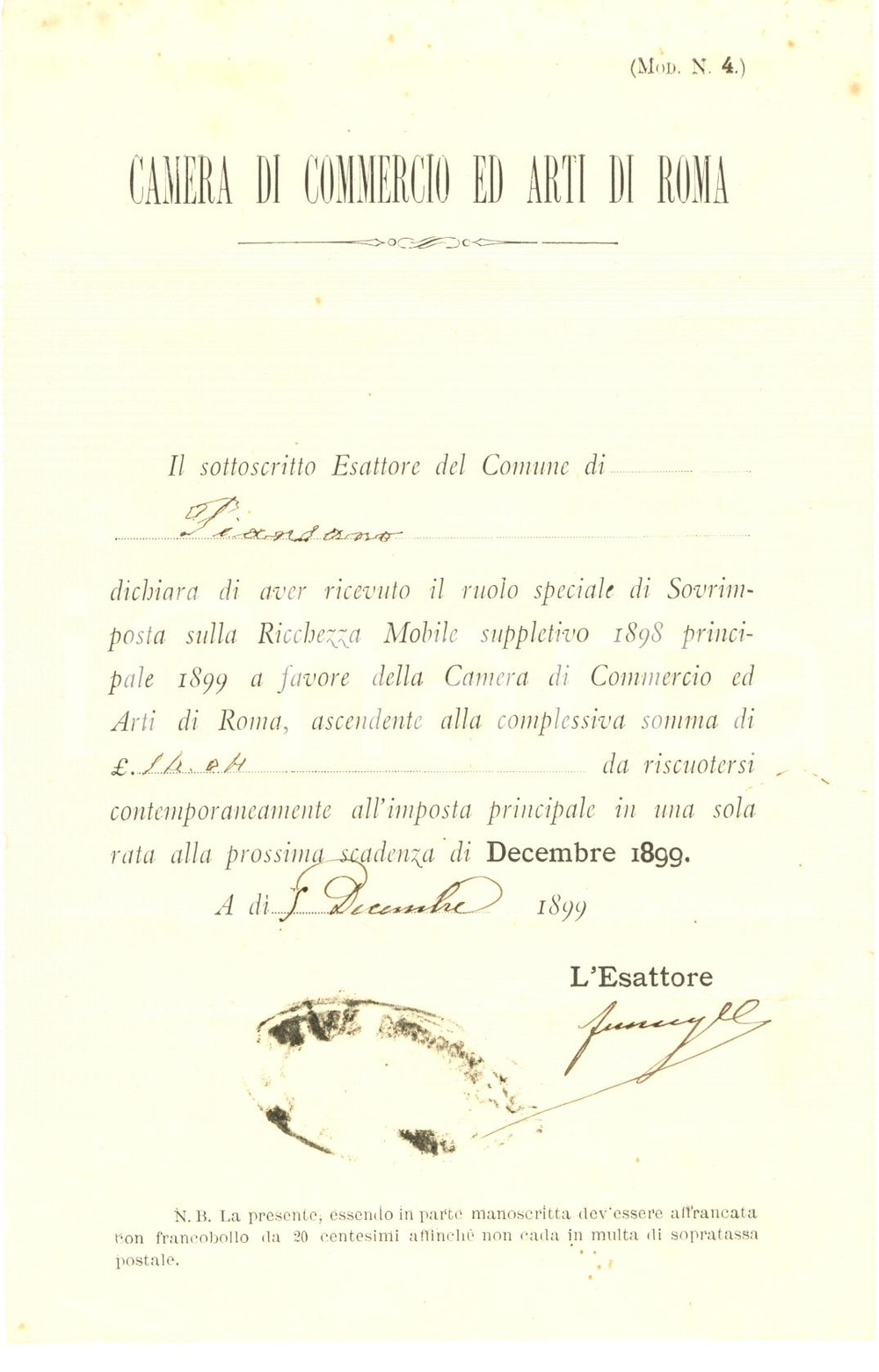 Documento originale, autentico 1899 PIANSANO (VT) Ruolo speciale Camera di Commercio ed Arti di Roma 1