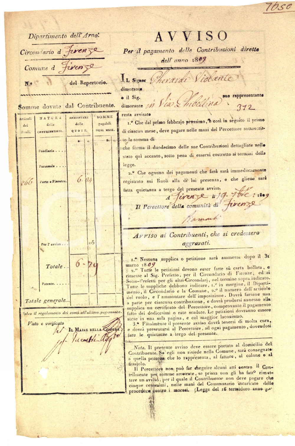 Documento originale, autentico 1809 FIRENZE Dipartimento dell'Arno - Contribuzione Violante GHERARDI 1