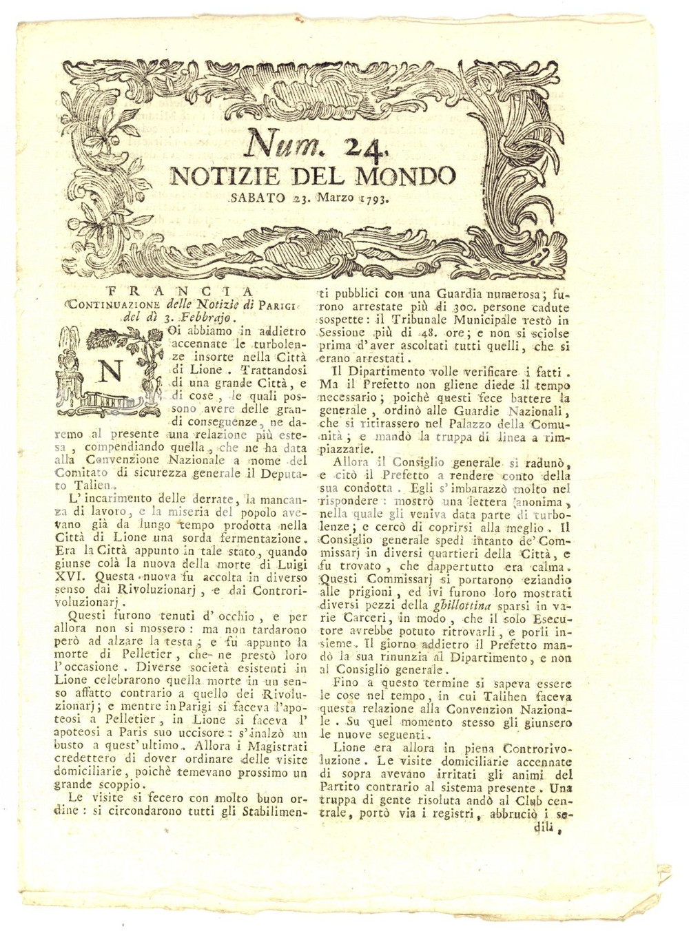 Giornale, rivista storica 1793 NOTIZIE DEL MONDO n. 24  Lione in rivolta per fame e disoccupazione 1
