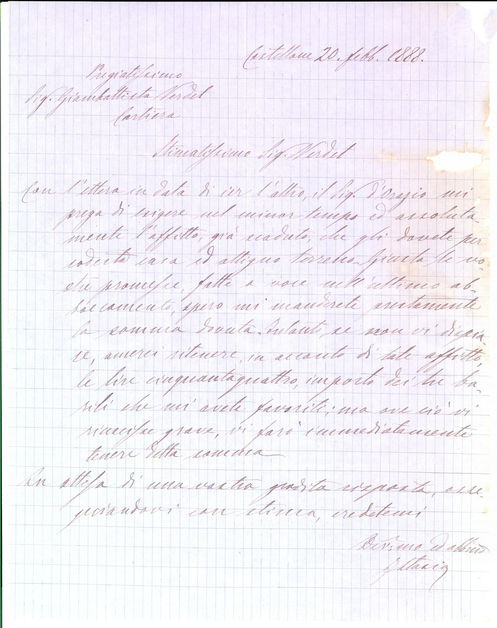 Manoscritto, lettera originale 1888 CASTELLONE (CB) Affitti arretrati Giambattista VERDET *Lettera 1