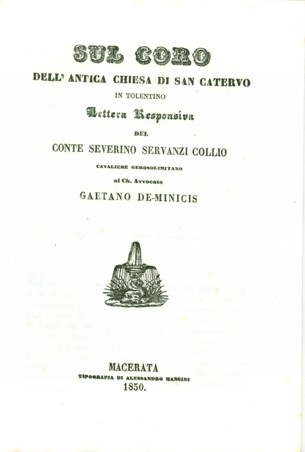 Libro, pubblicazione d'epoca 1850 TOLENTINO (MC) Severino SERVANZI-COLLIO Coro chiesa di SAN CATERVO 1
