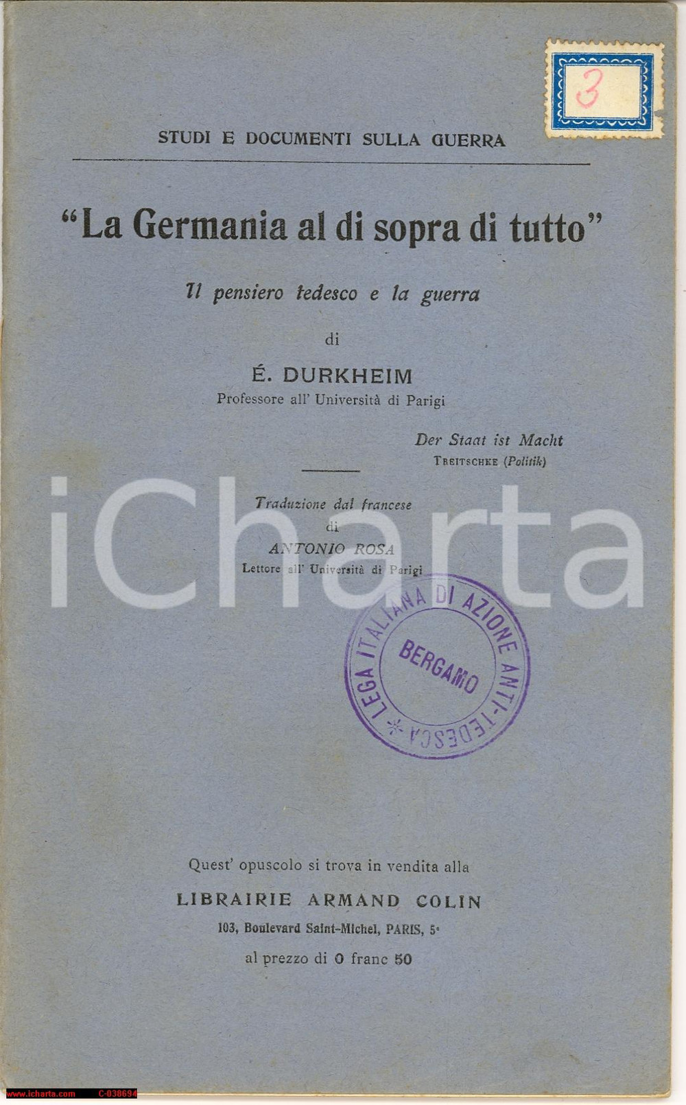 Libro, pubblicazione d'epoca 1915 Durkheim, Libello contro tedeschi e la guerra 1
