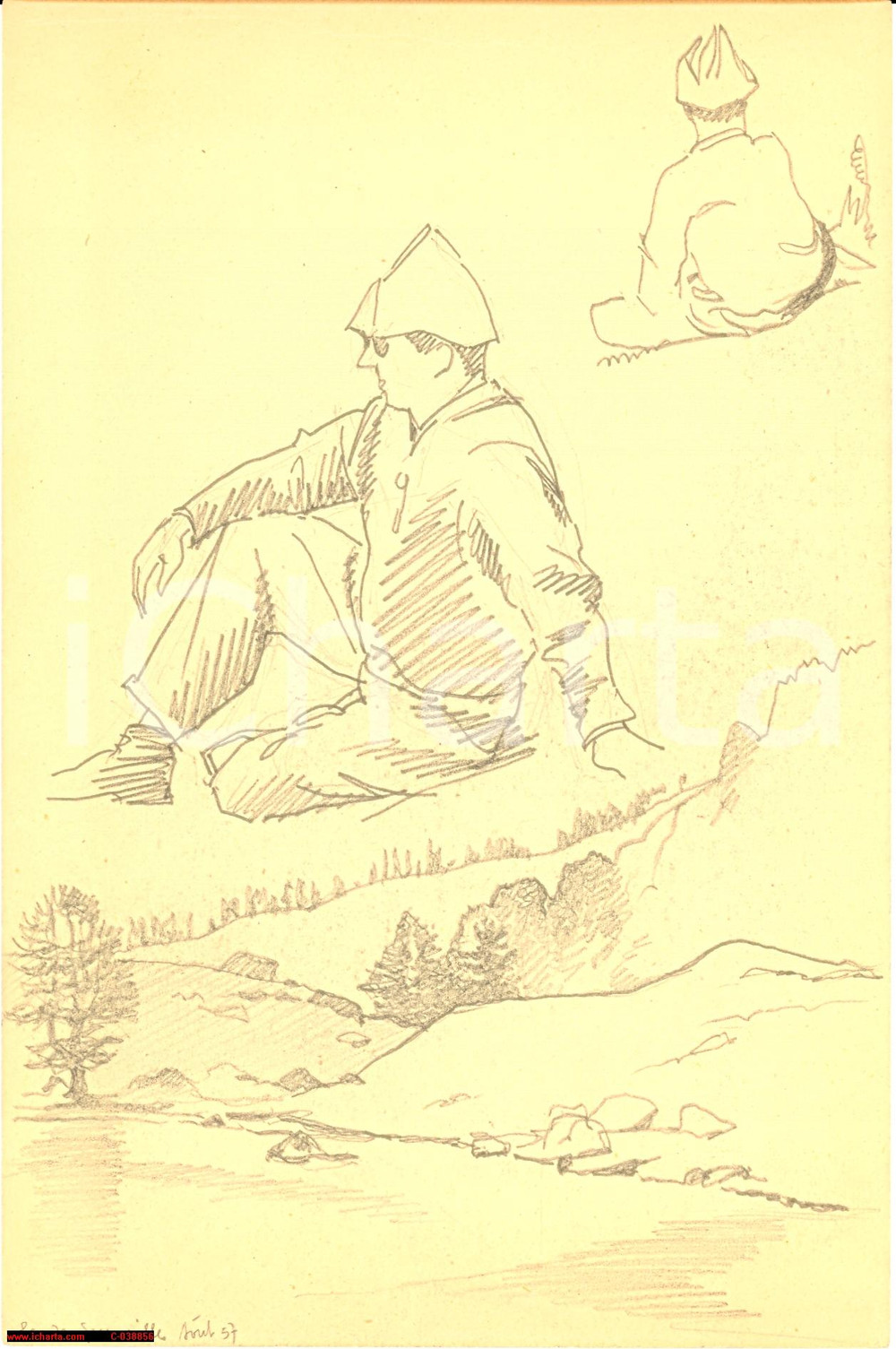 Opera d’arte autentica Auot 1957 LAC DES GRENOUILLES  TENDA FRANCIA  Disegno a matita 1