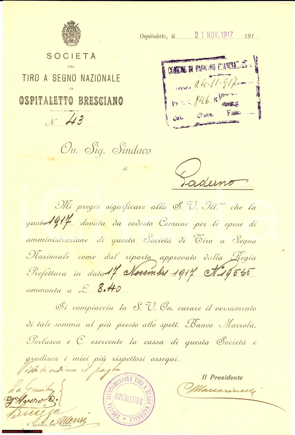 Documento originale, autentico 1917 Ospitaletto Bresciano, Tiro a Segno Nazionale 1