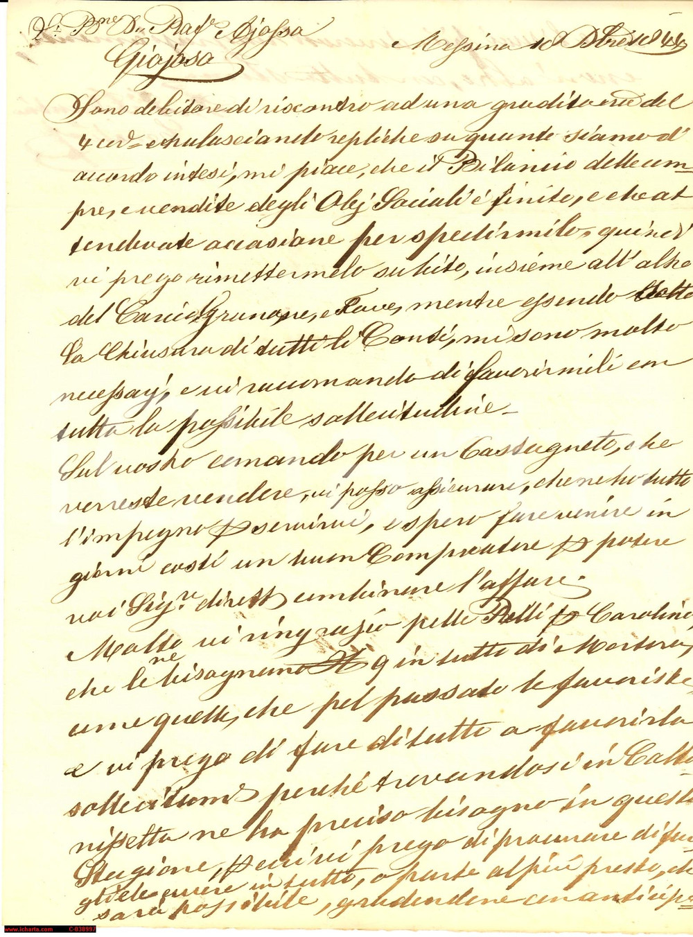 Manoscritto, lettera originale 1844 MESSINA Acquisto 'olei saciuli' vendita castagneto 1
