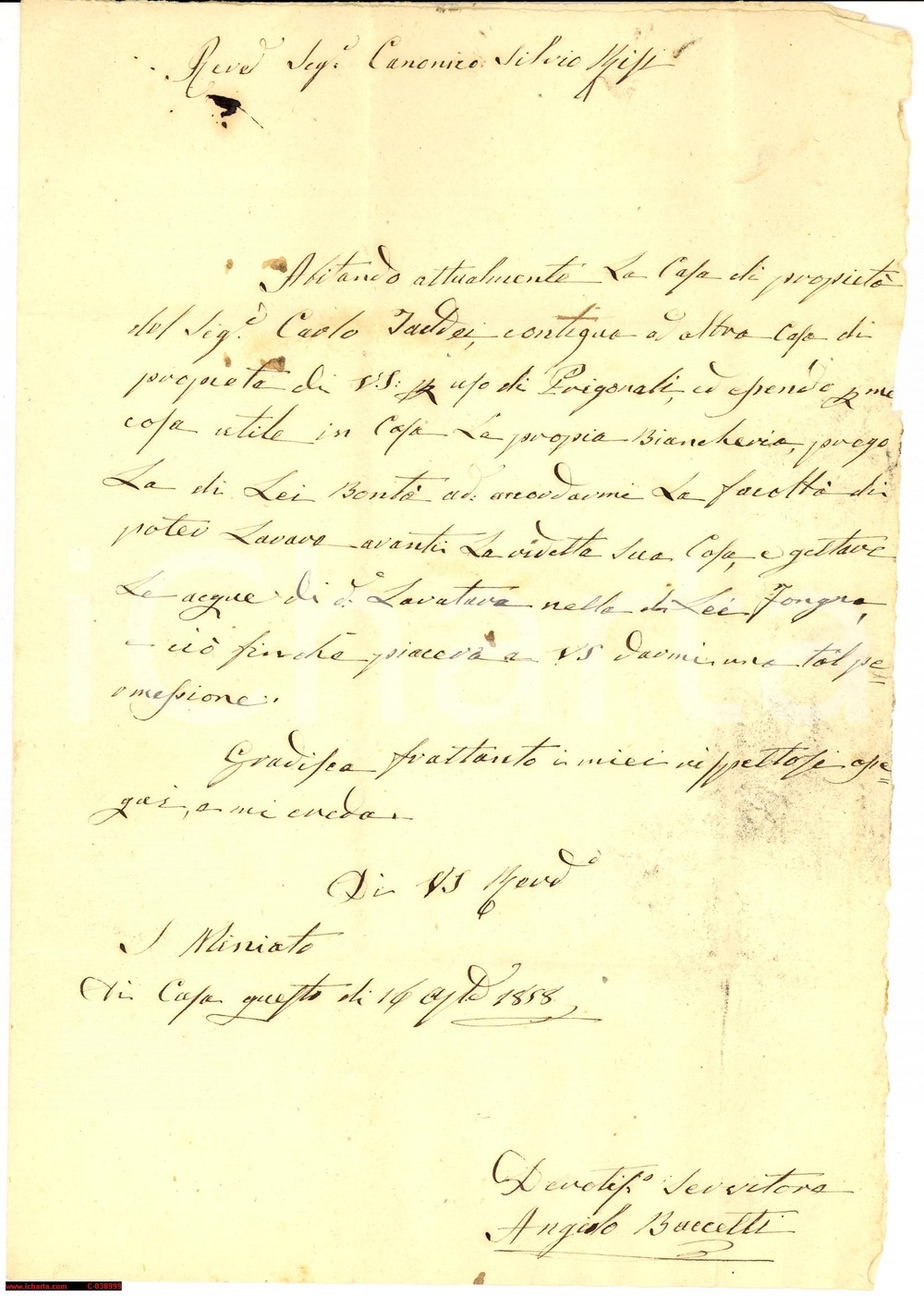 Manoscritto, lettera originale 1858 SAN MINIATO (PI) Lavaggio panni davanti casa RISI 1