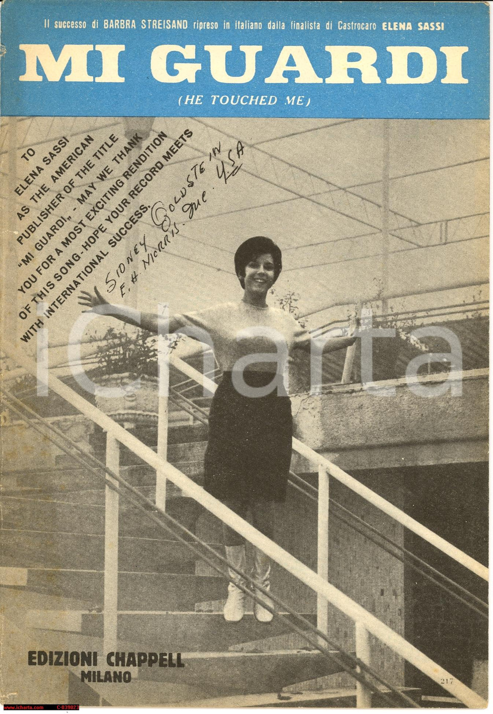 Oggetto da collezione cartaceo 1966 ELENA SASSI Finalista Castrocaro MI GUARDI spartiti 1