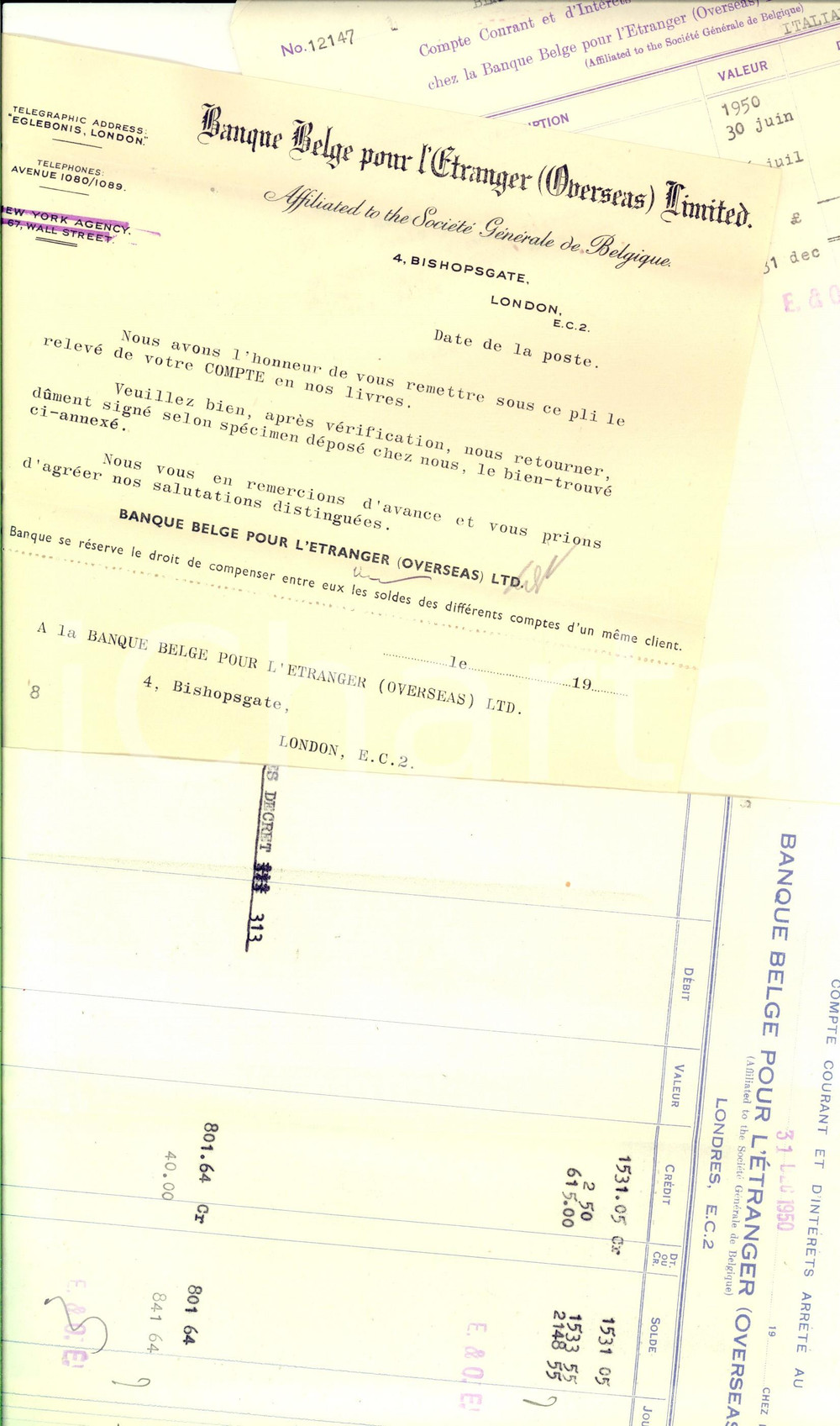 Manoscritto, lettera originale 1950 LONDON BANQUE BELGE POUR L ETRANGER Lotto lettera + 2 distinte con busta 1