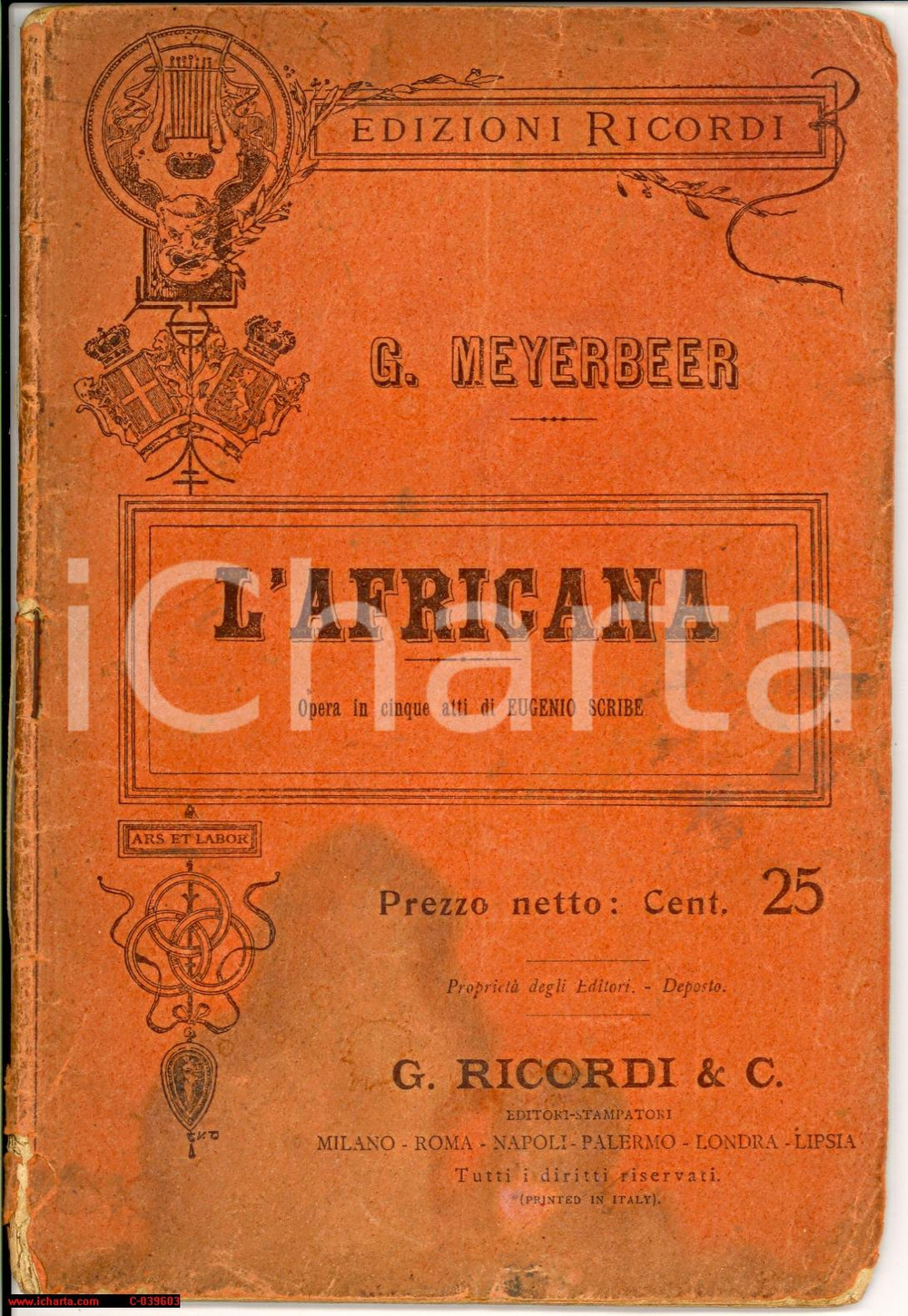 Oggetto da collezione cartaceo 1890 ca. MEYERBEER L'Africana libretto d'opera 1