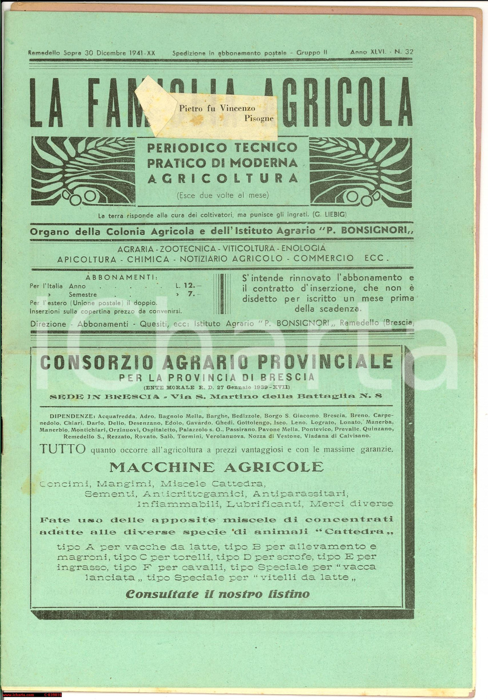 Giornale, rivista storica 1941 REMEDELLO SOPRA (BS) La famiglia agricola nÂ°32 1